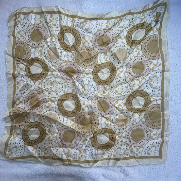 Coach 100% Silk Beige & Gold Logo Print Square Scarf 20"x20" Designer Accessory - Picture 1 of 5